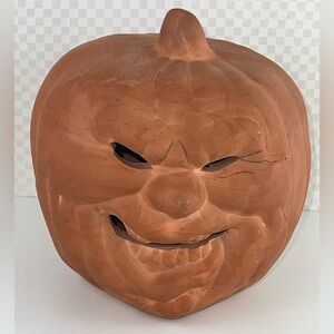 Vtg Terra Cotta Clay Pottery Jack O'Lantern Tea Light Face Pumpkin Handmade 6"T